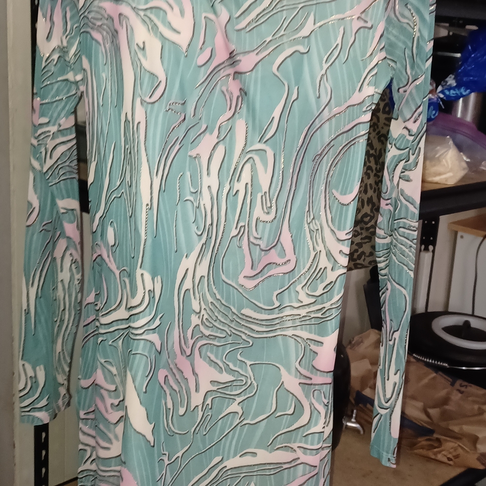 Fashion Nova Teal, Pink & White Long Sleeve Patterned Dress